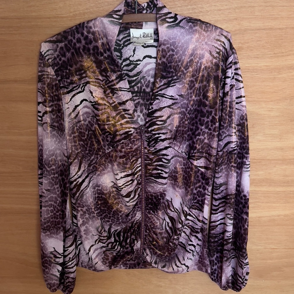 Joseph Ribkoff purple copper iridescent animal print zip up top sz 12 rhinestone